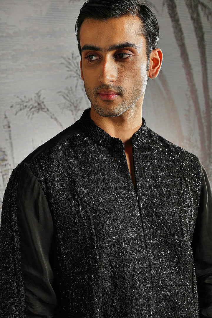 Black Tonal Geo-Pattern Kurta Set
