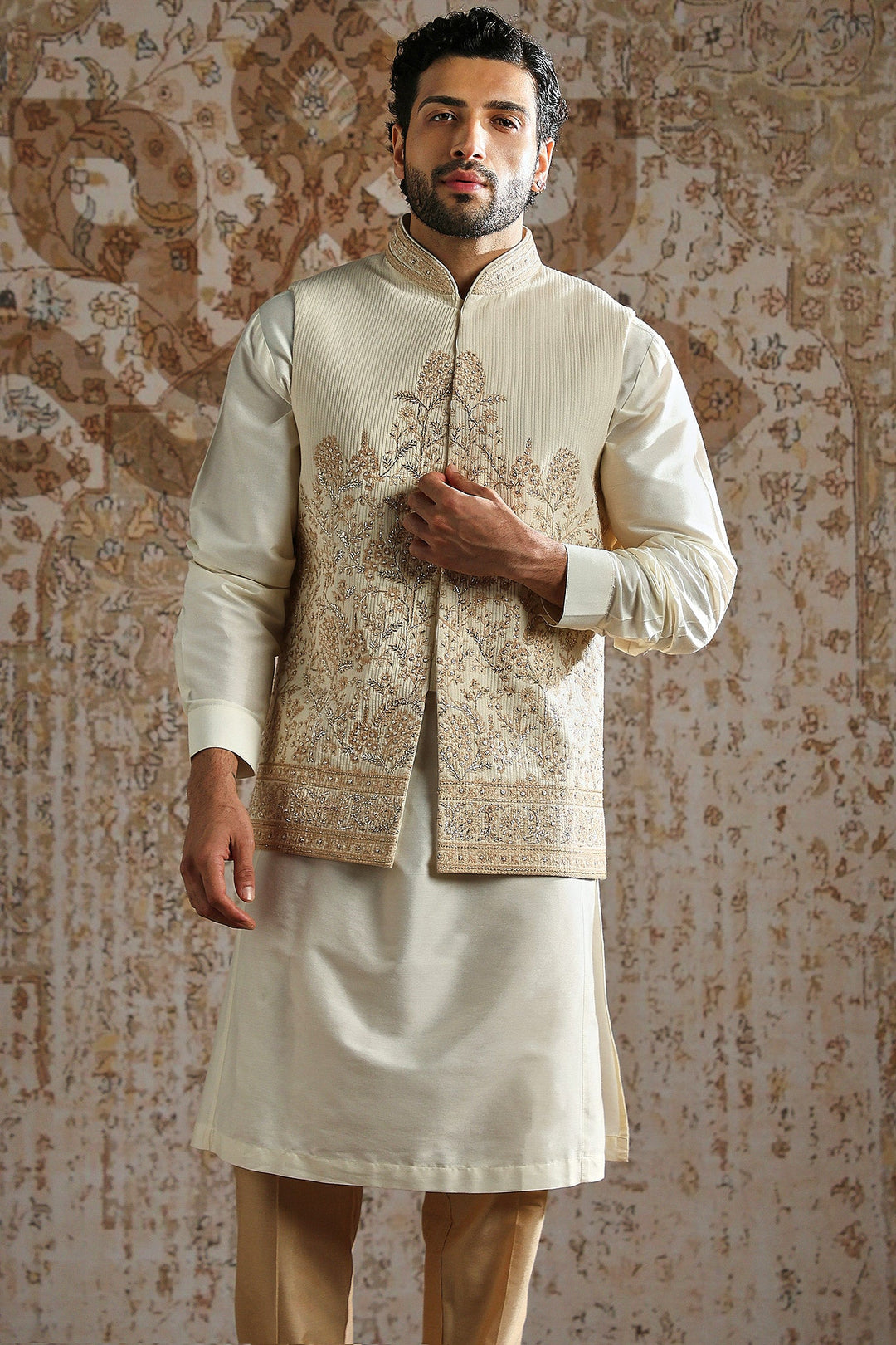 Cream Regal Weave Kurta Bundi Set