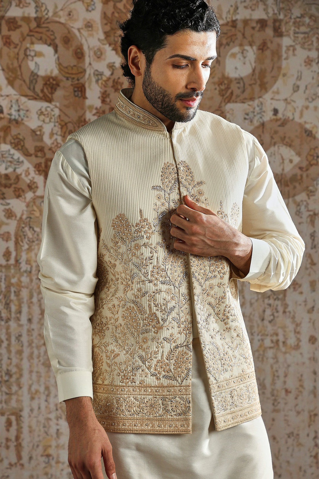 Cream Regal Weave Kurta Bundi Set