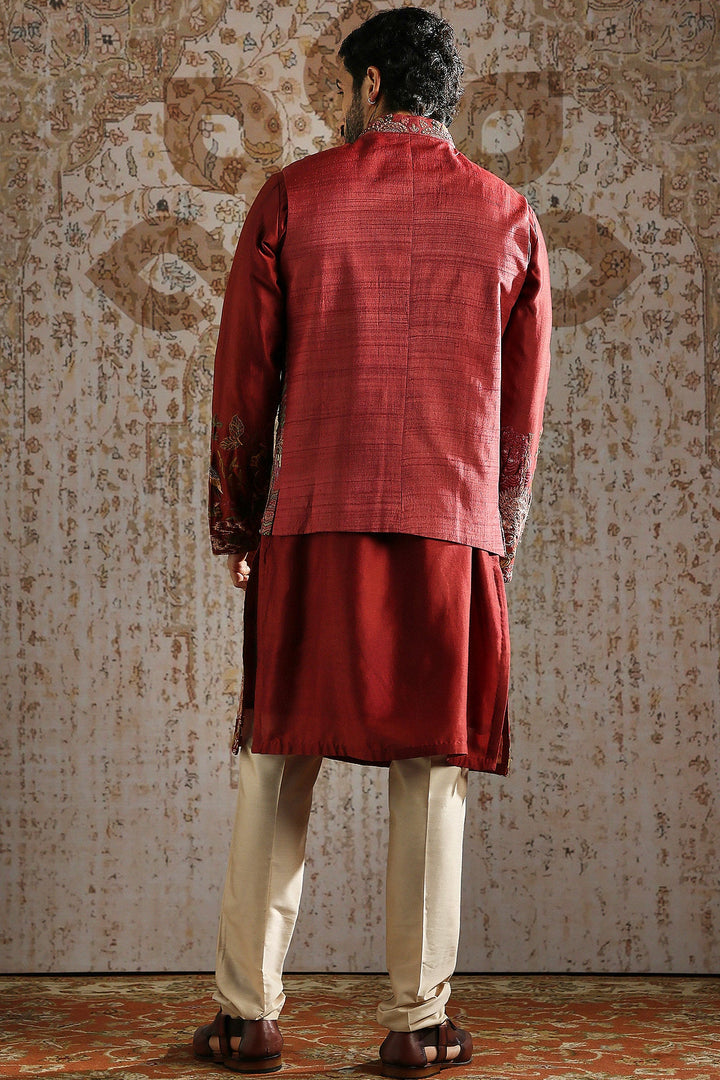 Red Gold Brocade Kurta Bundi Set