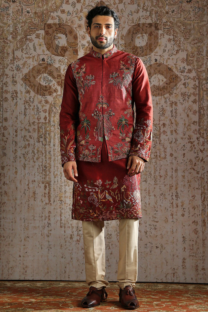 Red Gold Brocade Kurta Bundi Set