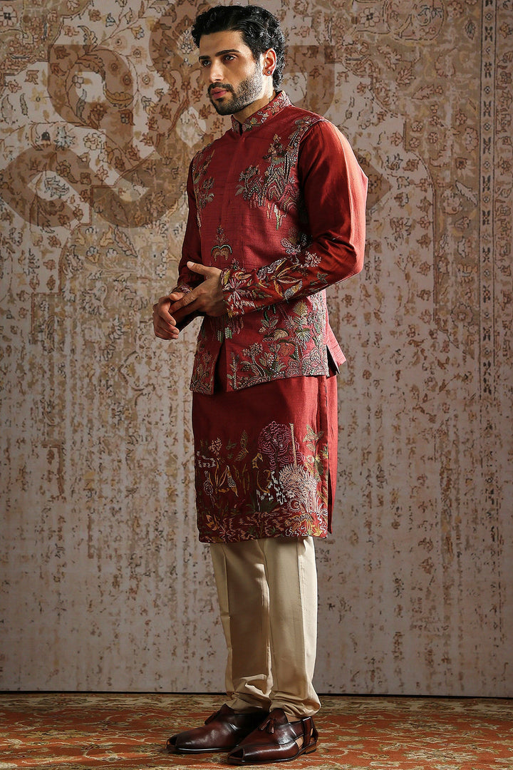 Red Gold Brocade Kurta Bundi Set
