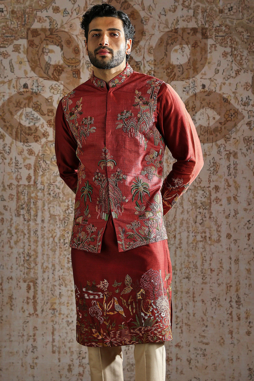 Red Gold Brocade Kurta Bundi Set