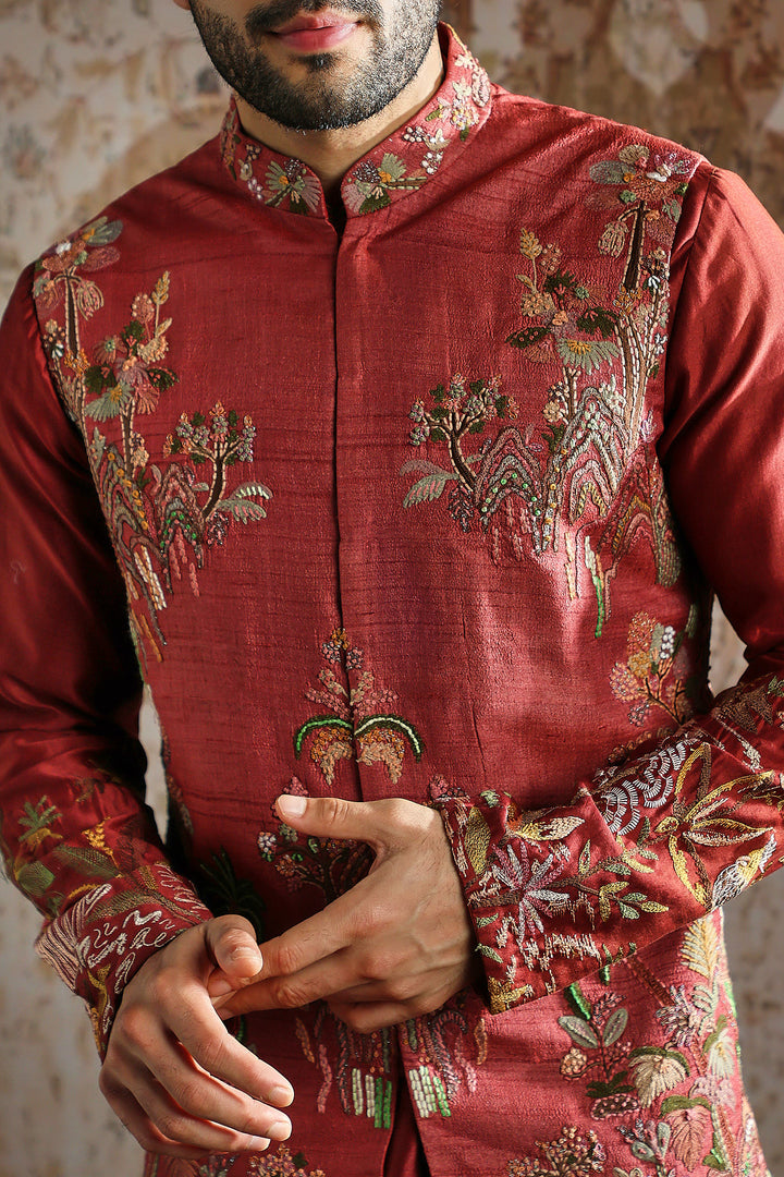 Red Gold Brocade Kurta Bundi Set