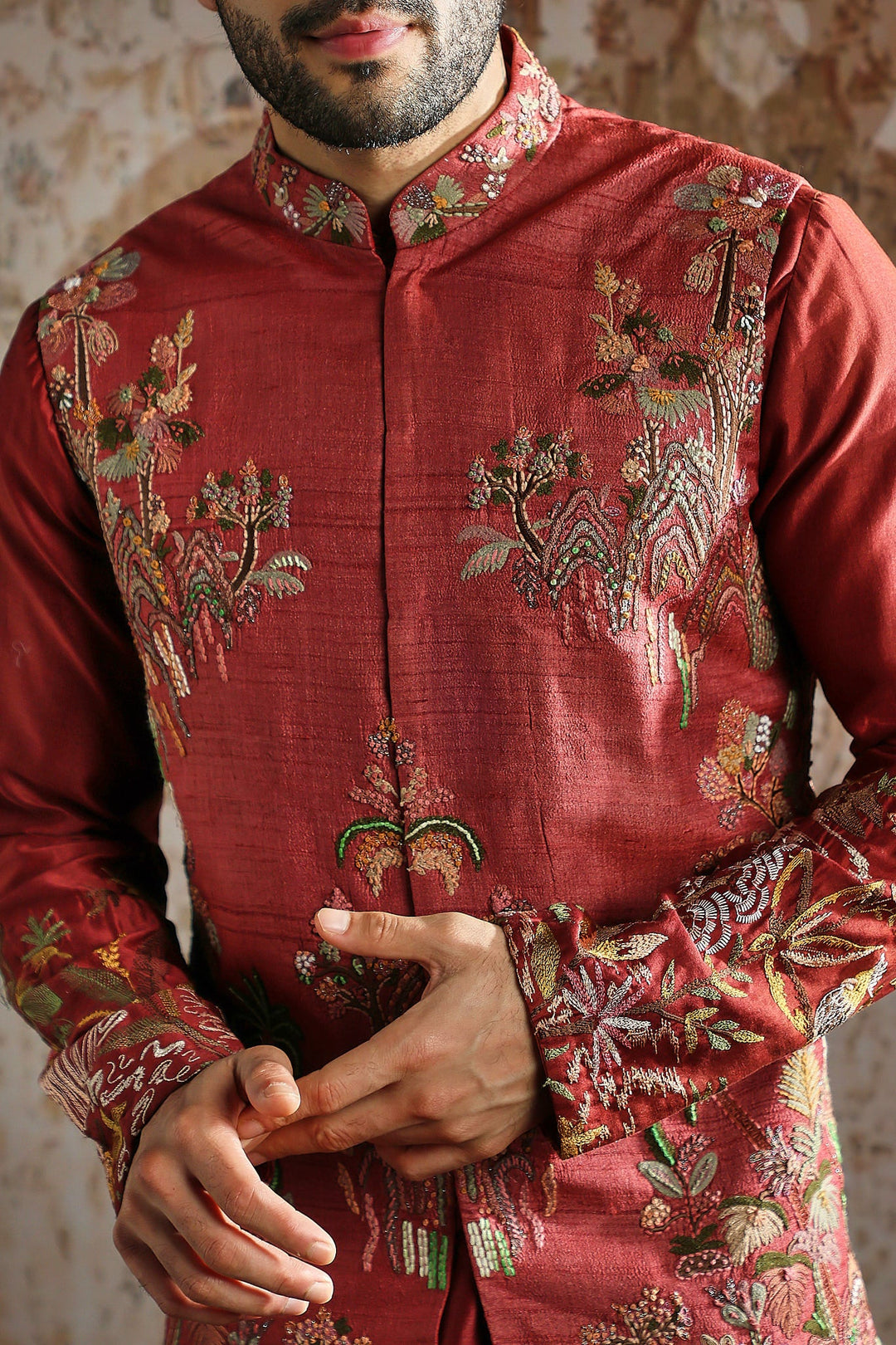 Red Gold Brocade Kurta Bundi Set