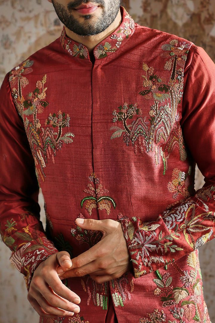 Red Gold Brocade Kurta Bundi Set