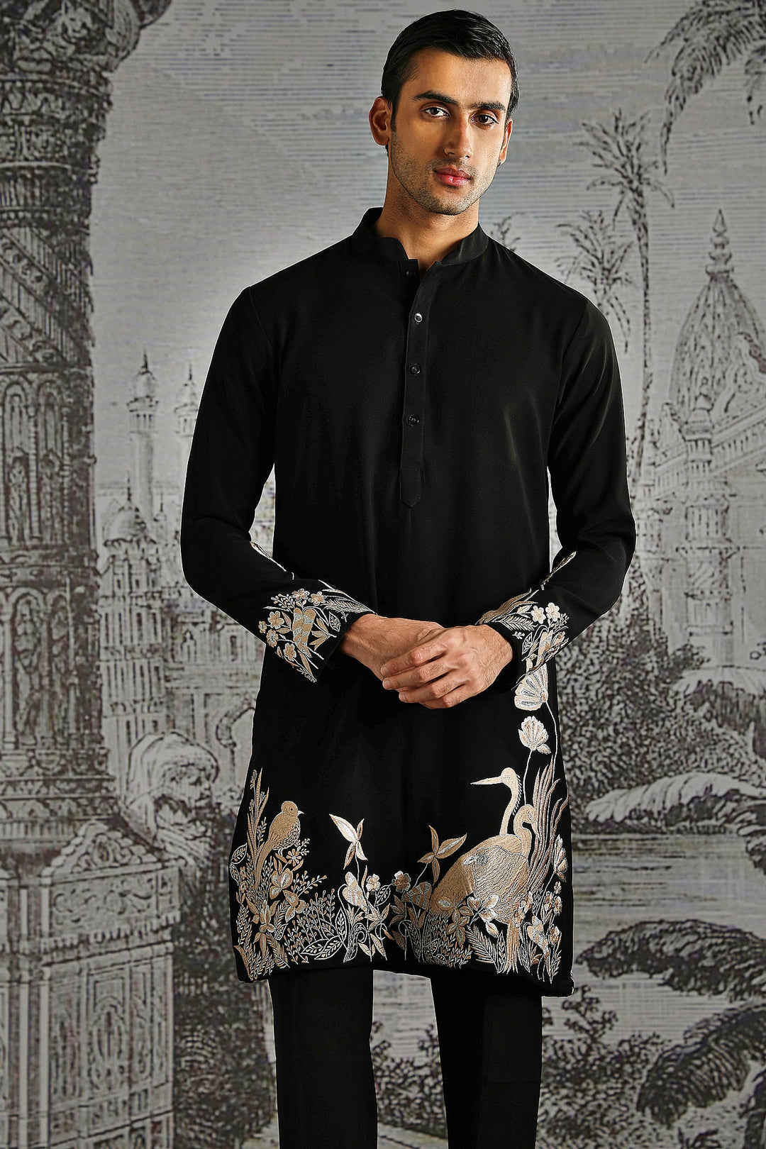 Black Ivory Panel Embroidered Kurta Set
