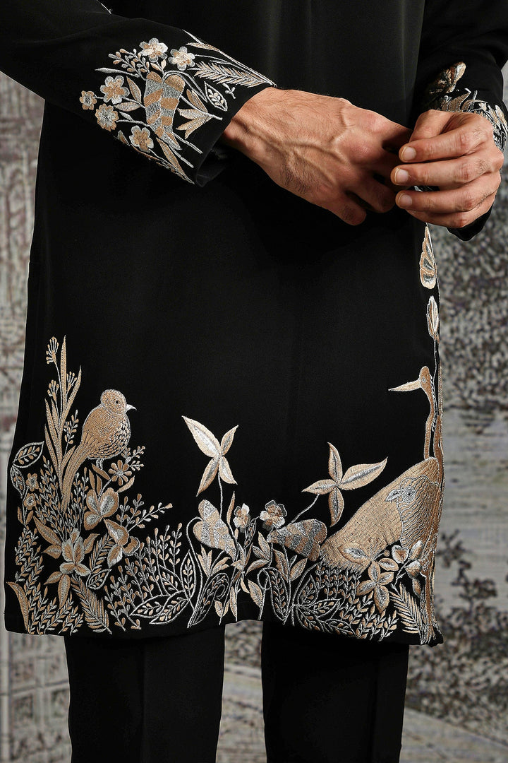 Black Ivory Panel Embroidered Kurta Set
