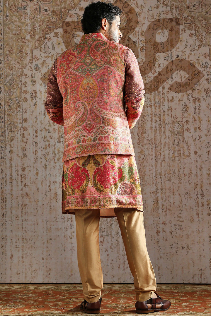 Coral Ornamental Threadwork Kurta Bundi Set