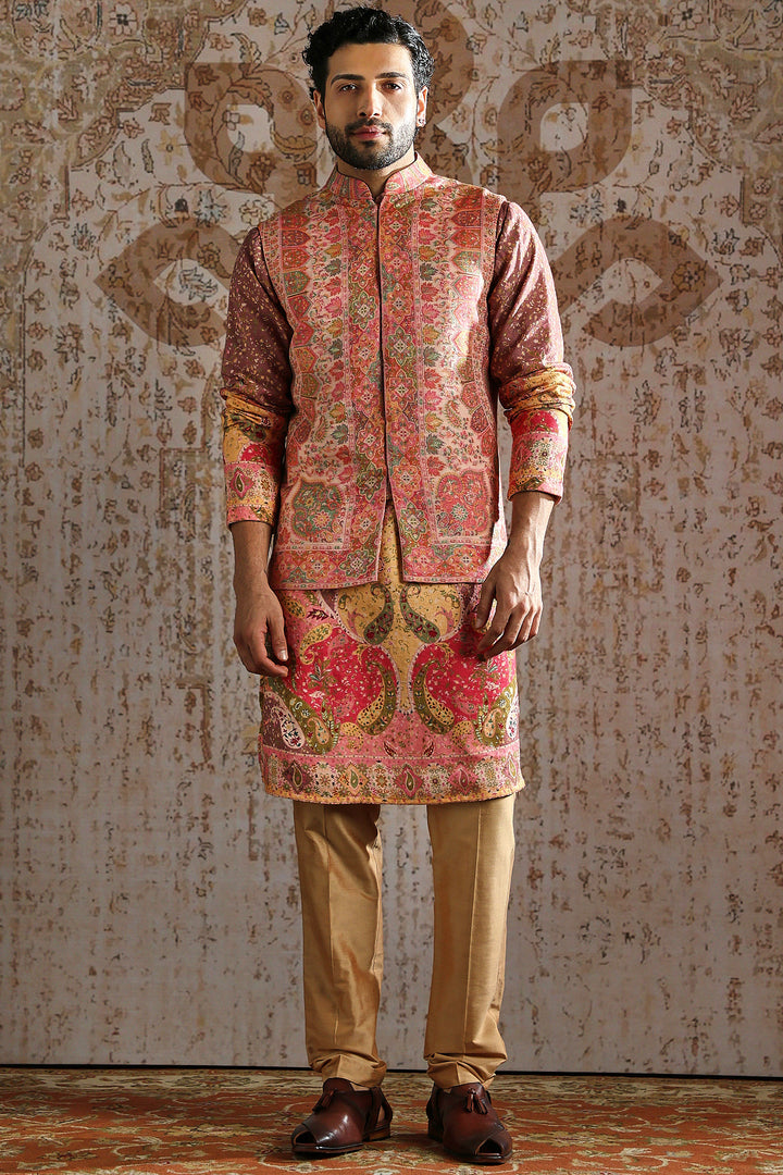 Coral Ornamental Threadwork Kurta Bundi Set