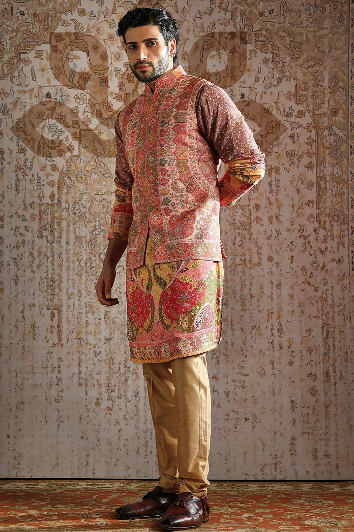 Coral Ornamental Threadwork Kurta Bundi Set