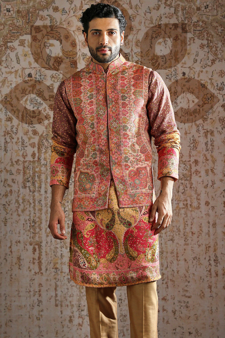 Coral Ornamental Threadwork Kurta Bundi Set