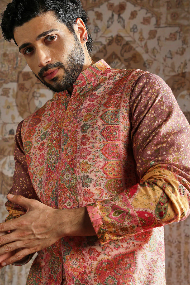 Coral Ornamental Threadwork Kurta Bundi Set