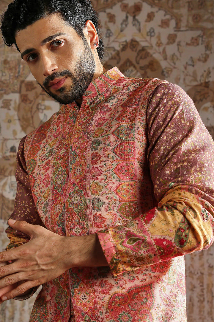 Coral Ornamental Threadwork Kurta Bundi Set