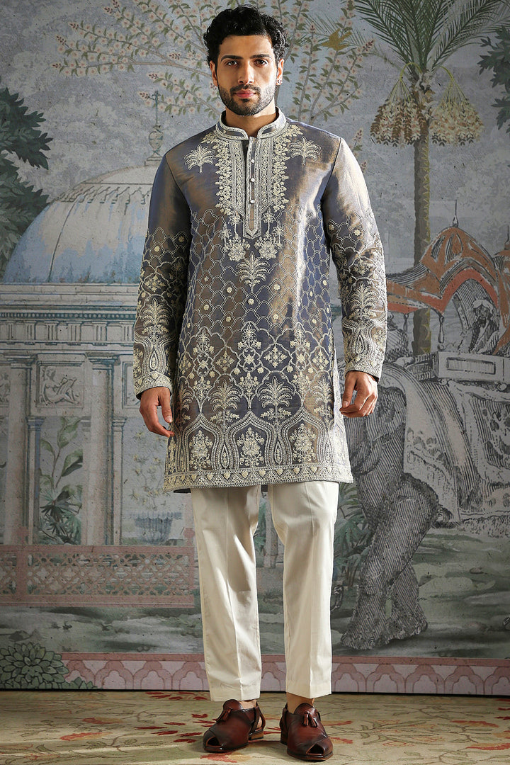 Steel Grey Heritage Embroidered Kurta Set