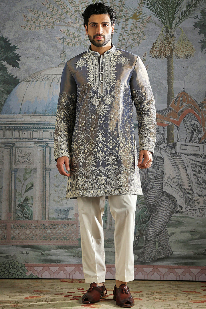 Steel Grey Heritage Embroidered Kurta Set