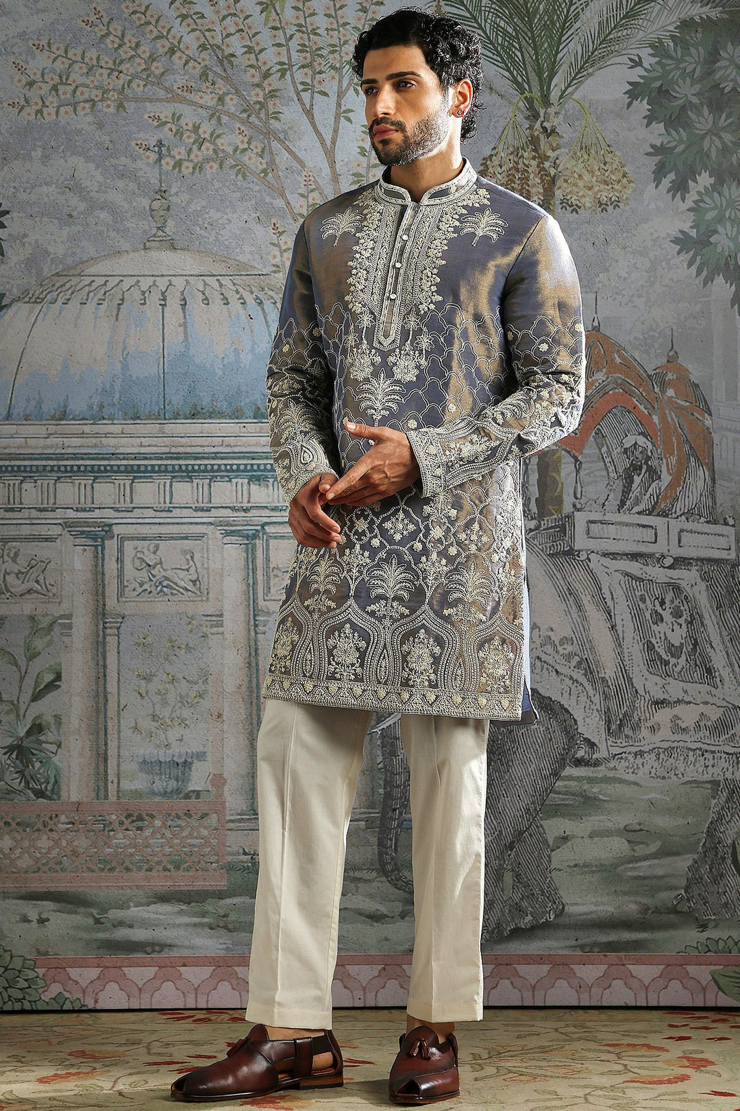 Steel Grey Heritage Embroidered Kurta Set