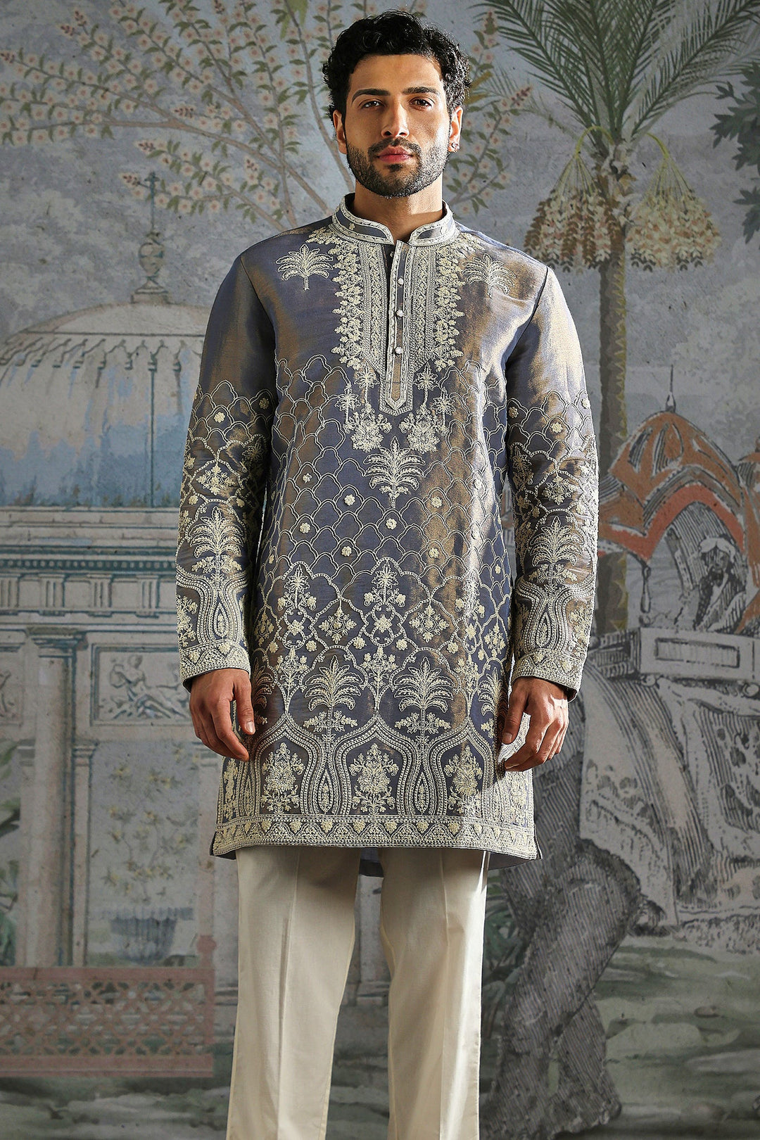Steel Grey Heritage Embroidered Kurta Set