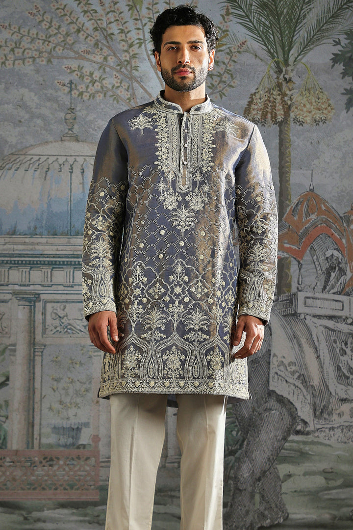 Steel Grey Heritage Embroidered Kurta Set