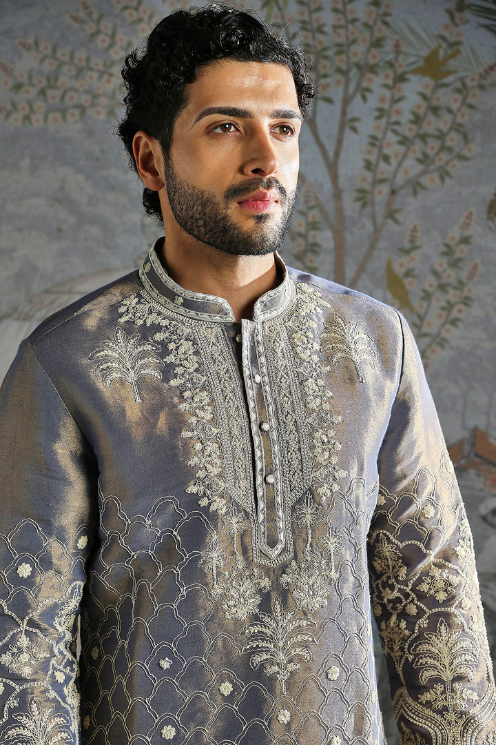Steel Grey Heritage Embroidered Kurta Set