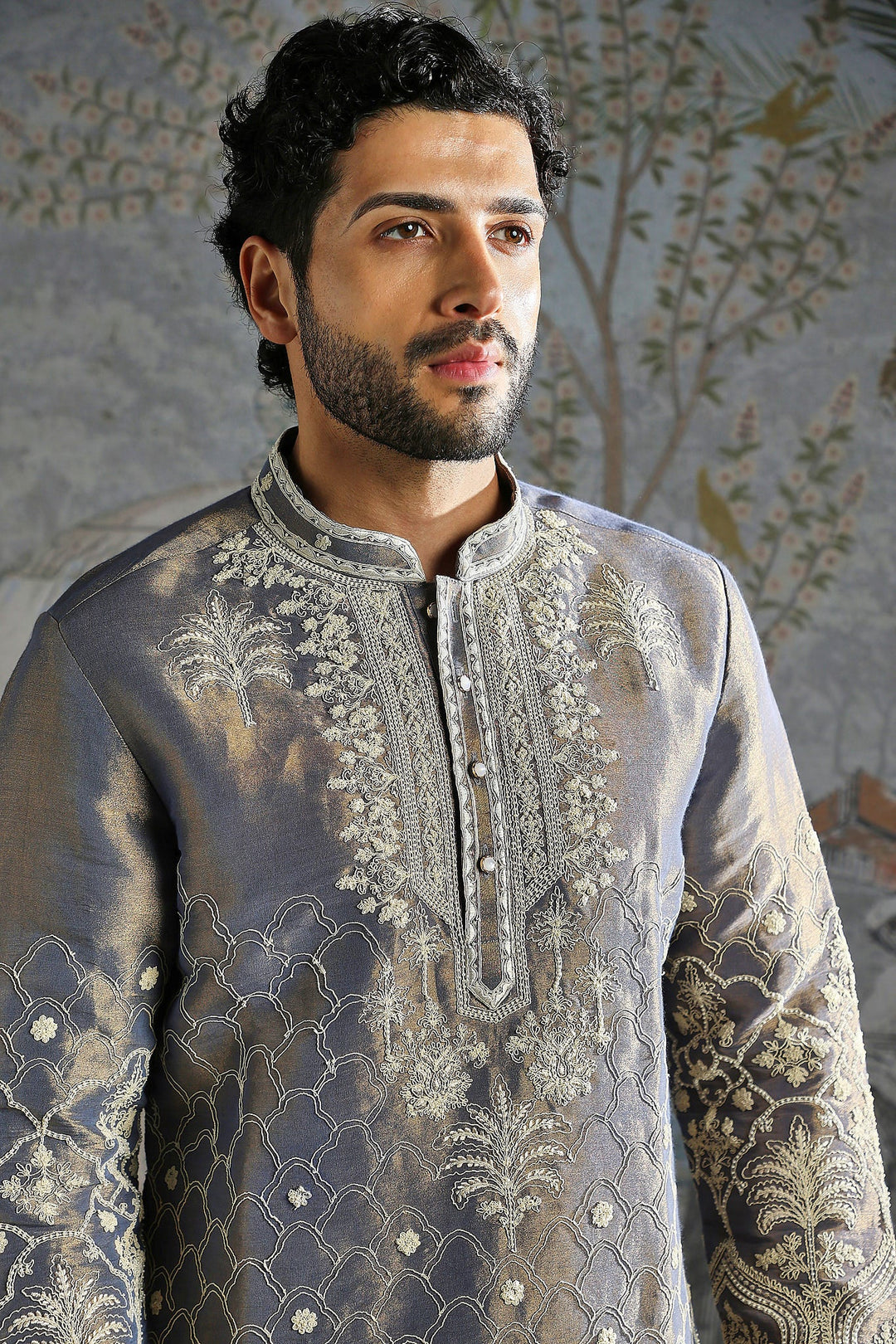 Steel Grey Heritage Embroidered Kurta Set