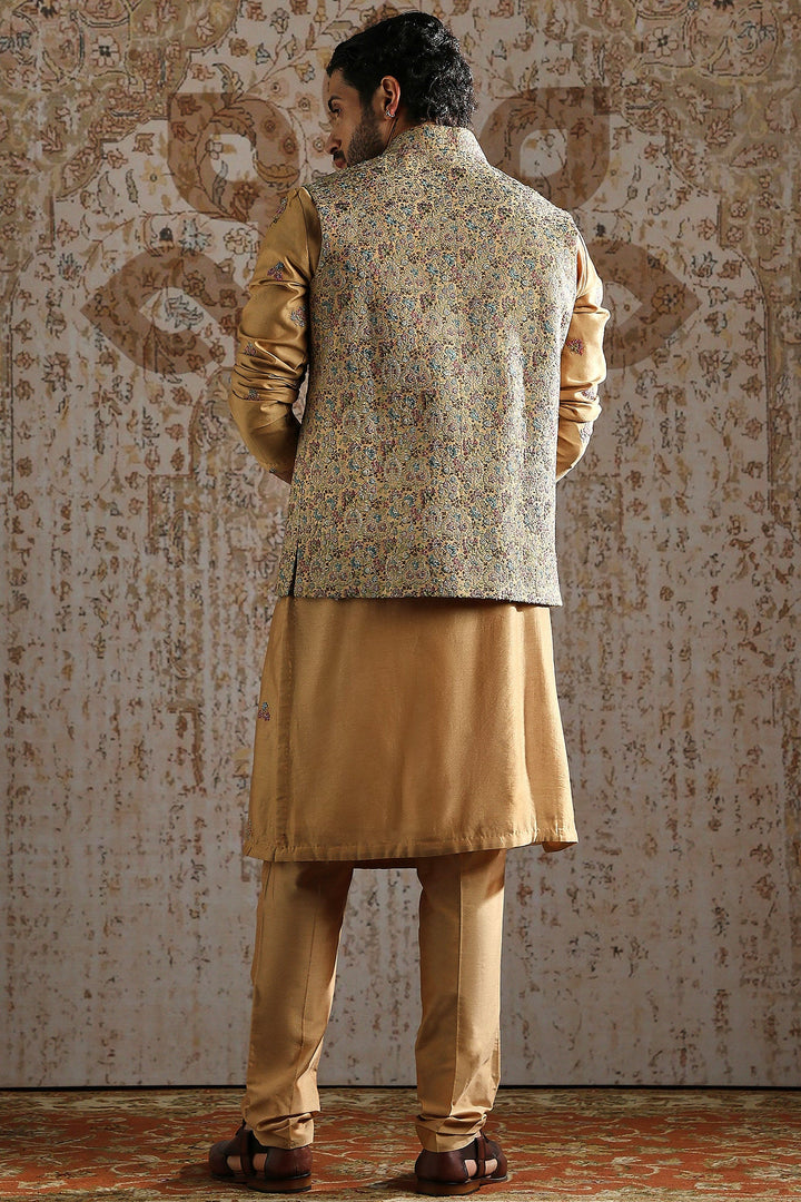 Champagne Gold Woven Kurta Bundi Set