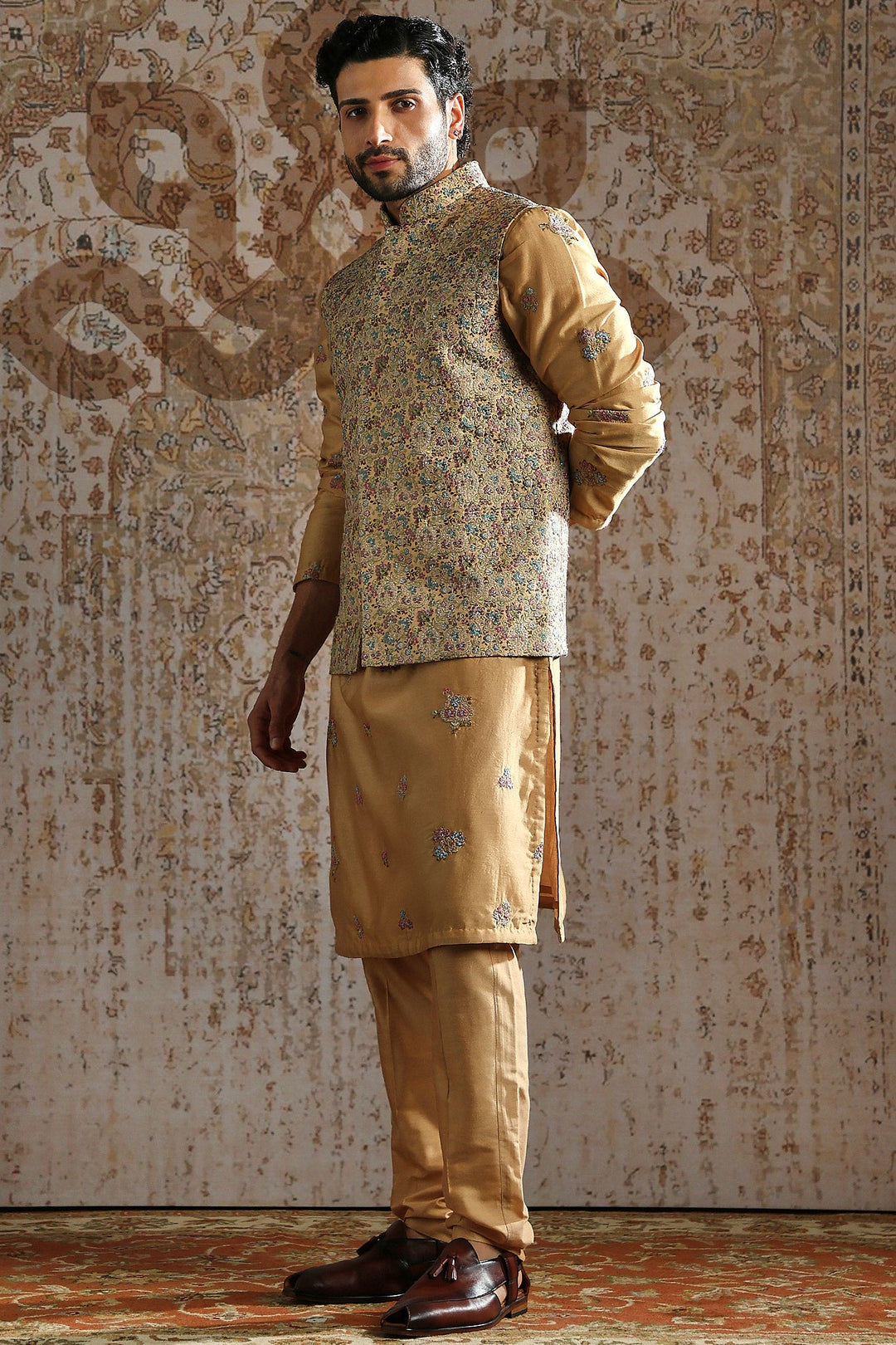 Champagne Gold Woven Kurta Bundi Set