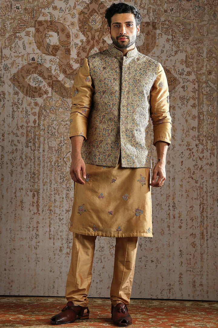 Champagne Gold Woven Kurta Bundi Set