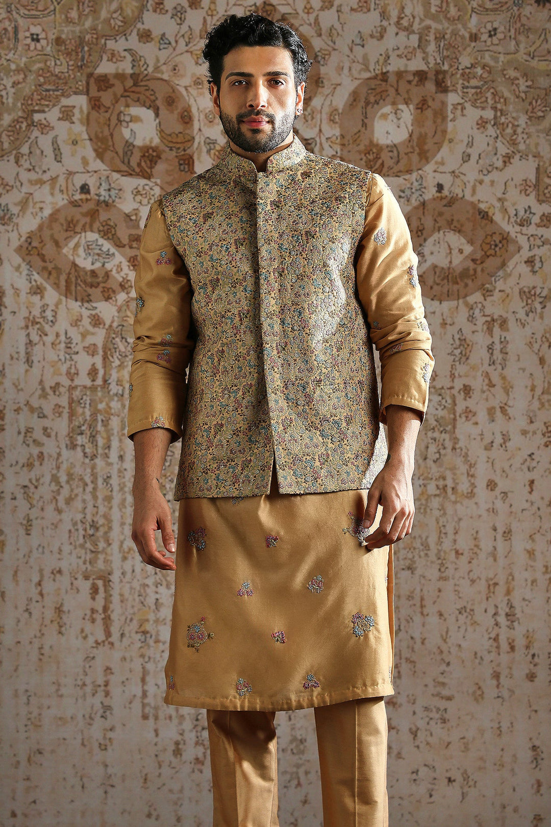 Champagne Gold Woven Kurta Bundi Set