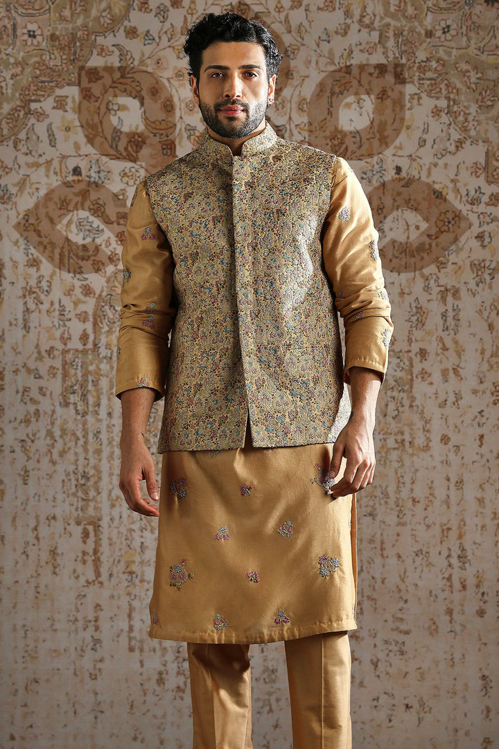 Champagne Gold Woven Kurta Bundi Set