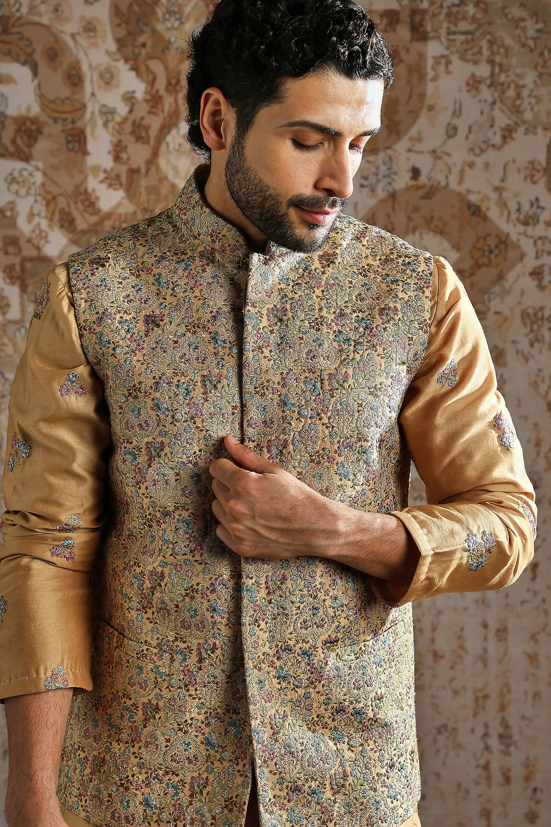 Champagne Gold Woven Kurta Bundi Set