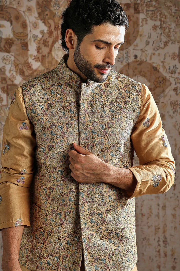 Champagne Gold Woven Kurta Bundi Set
