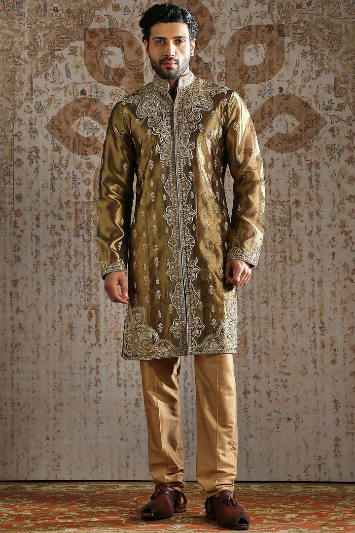 Deep Olive Green Floral Embroidered Long Sherwani