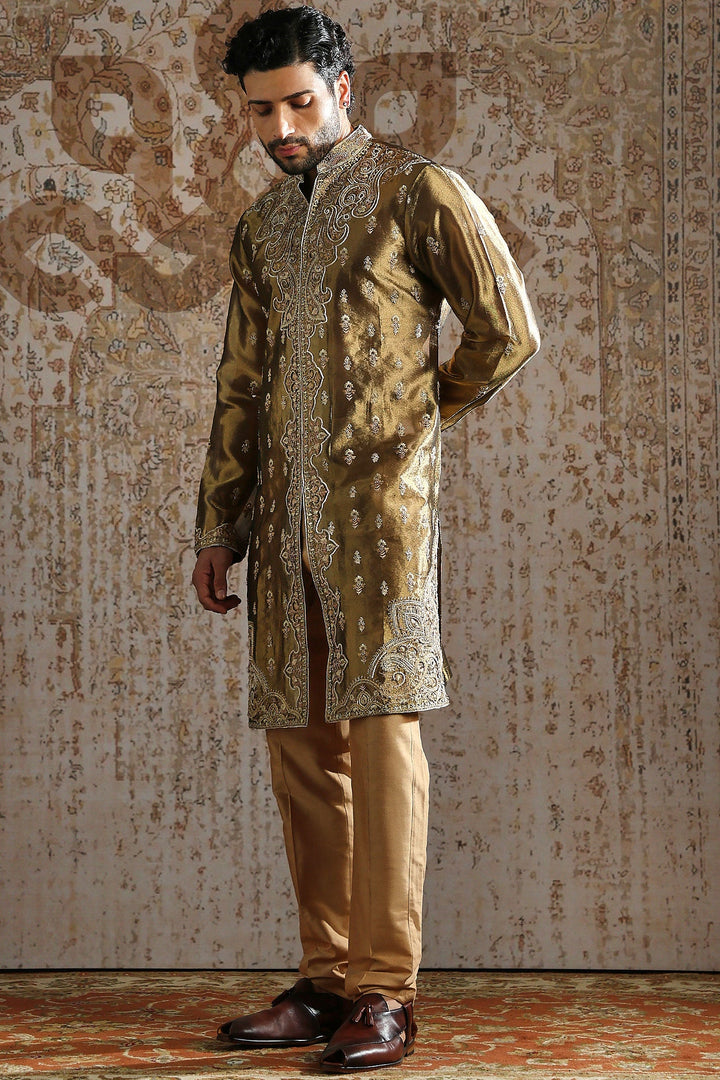 Deep Olive Green Floral Embroidered Long Sherwani