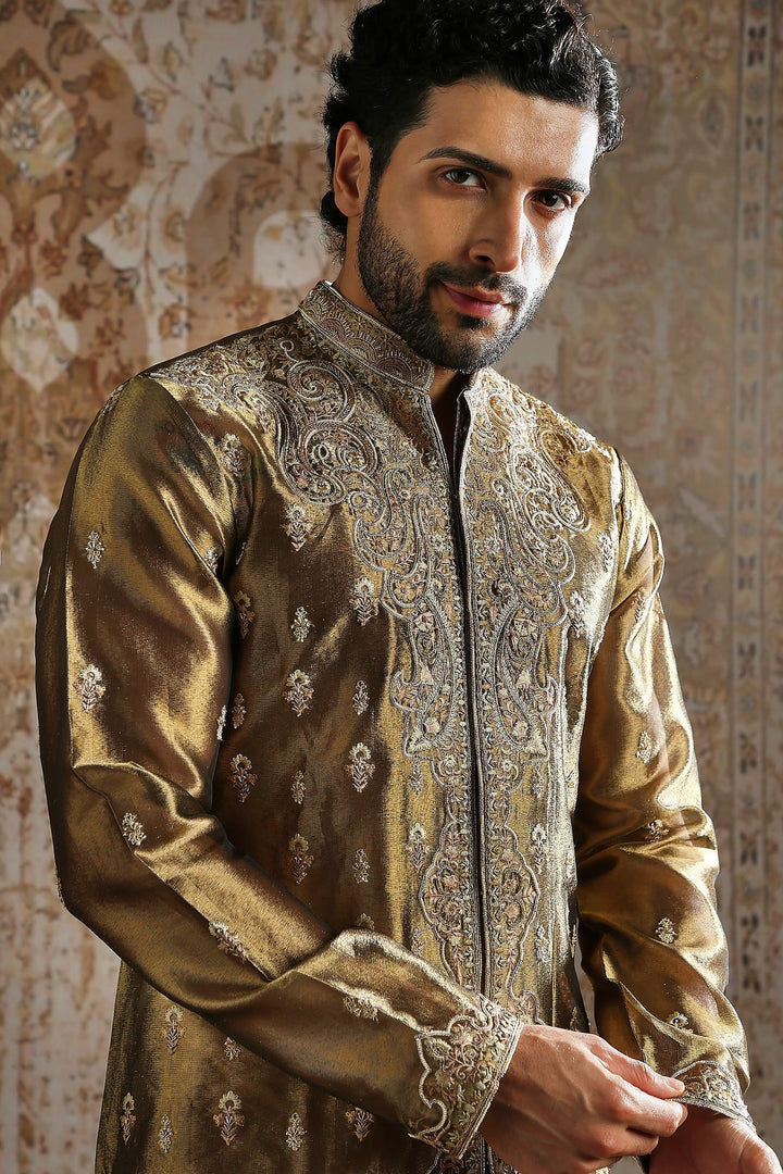 Deep Olive Green Floral Embroidered Long Sherwani
