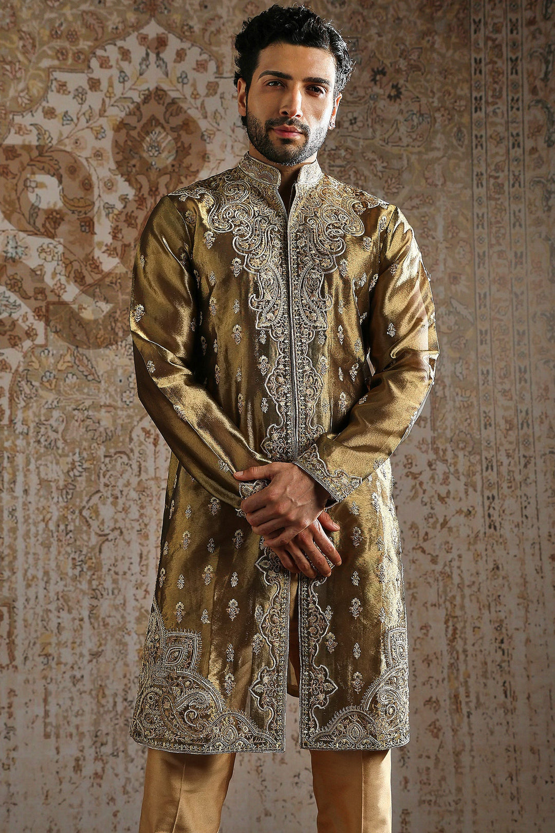 Deep Olive Green Floral Embroidered Long Sherwani