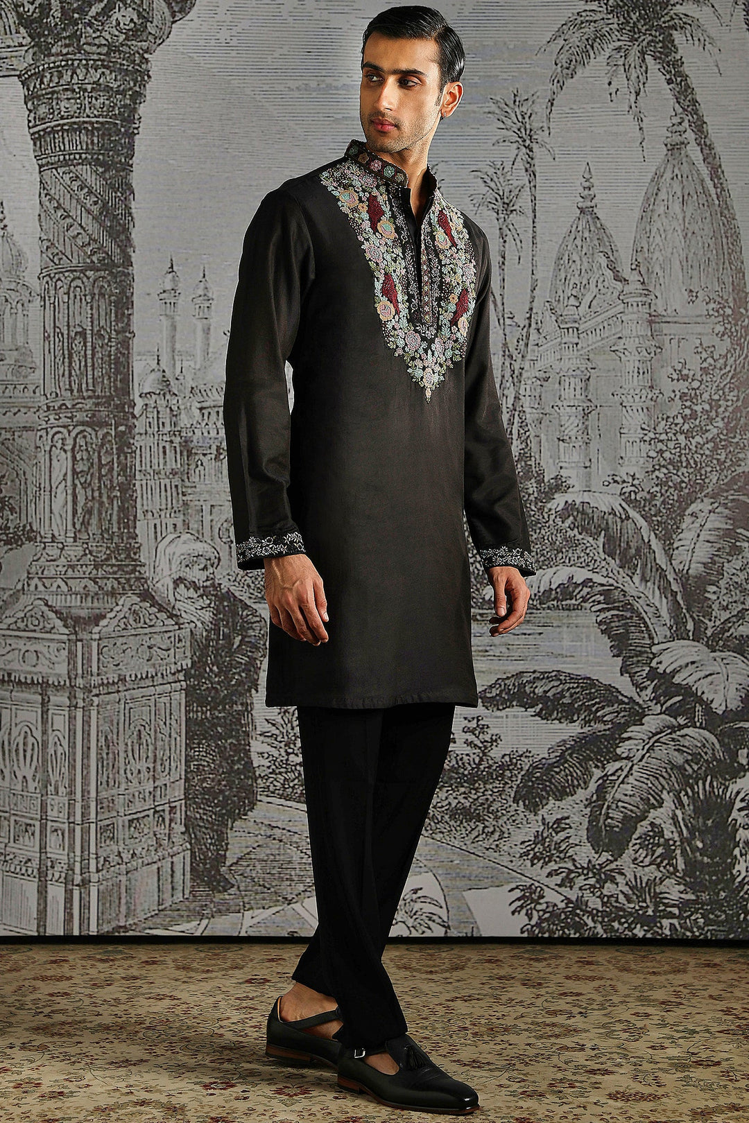 Black Multicolour Regal Motif Kurta Set