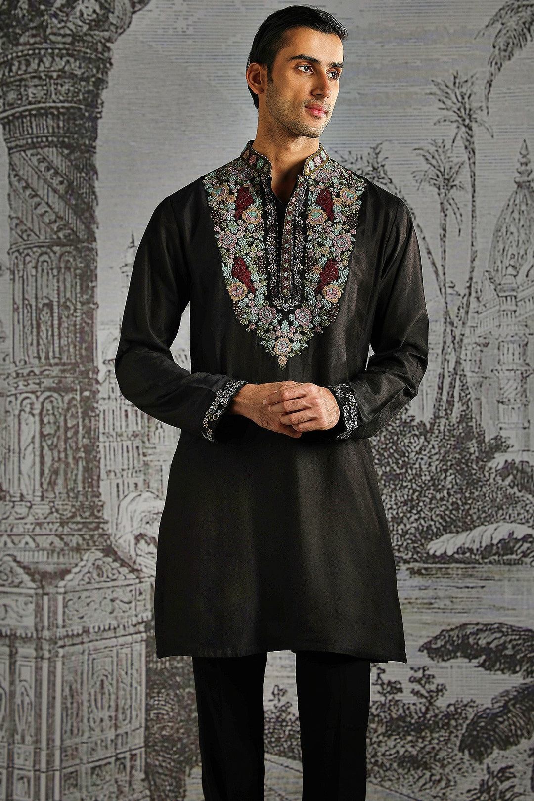 Black Multicolour Regal Motif Kurta Set