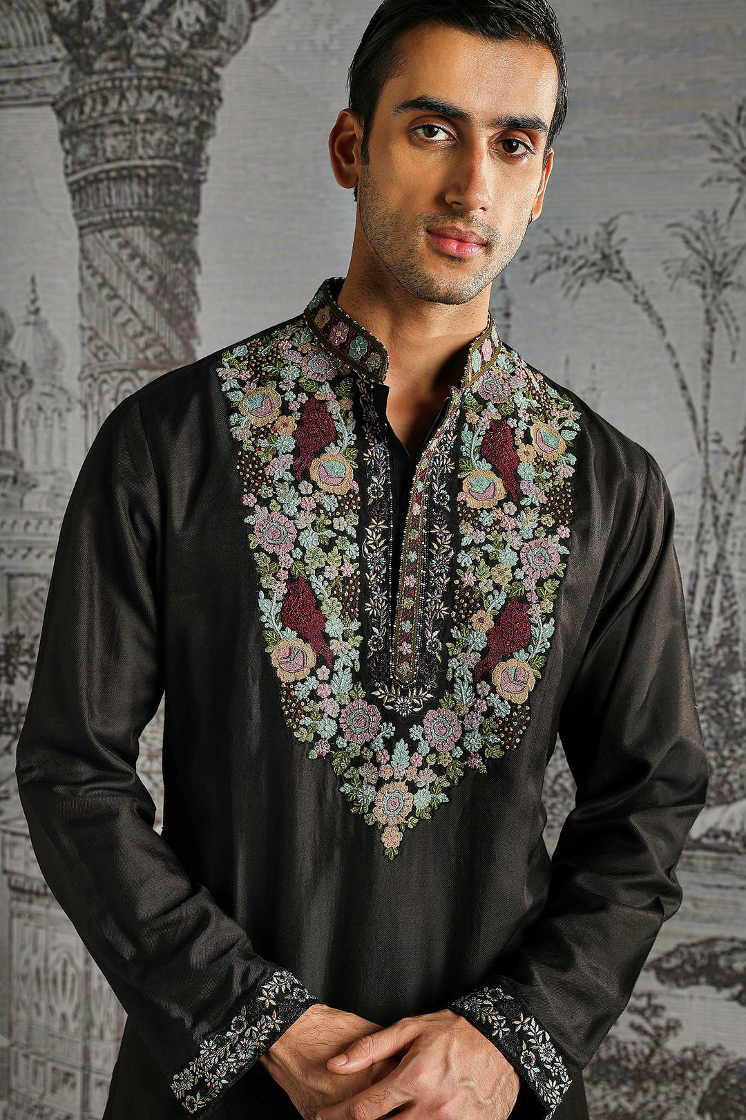 Black Multicolour Regal Motif Kurta Set