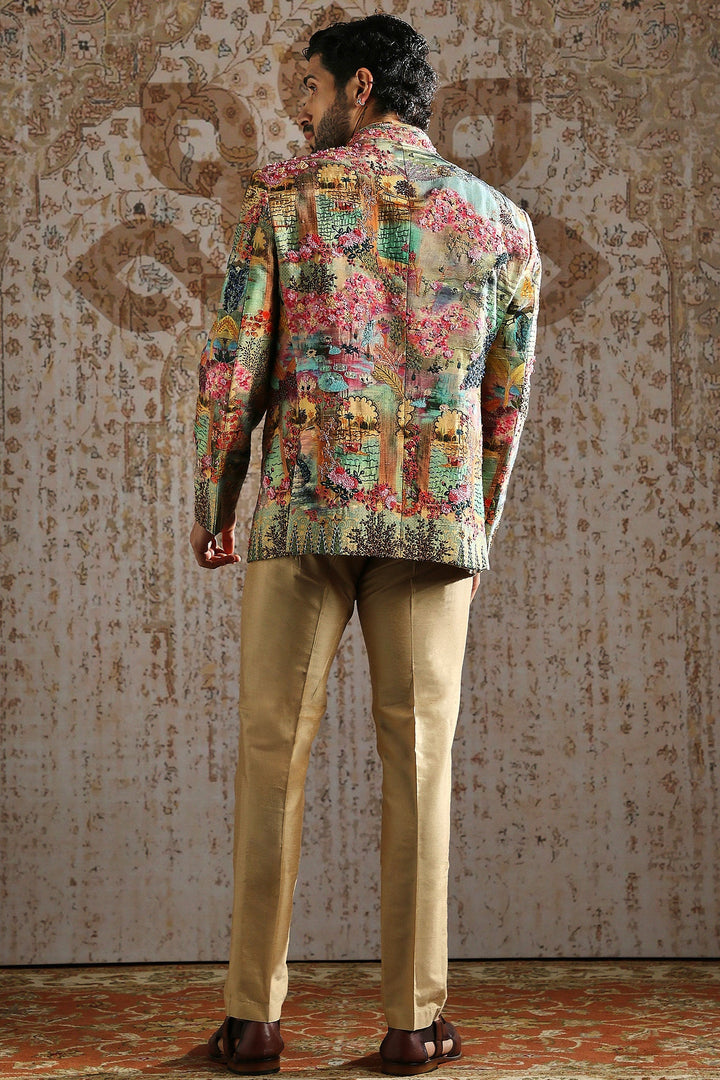 Beige Ornamental Tapestry Bandhgala Set