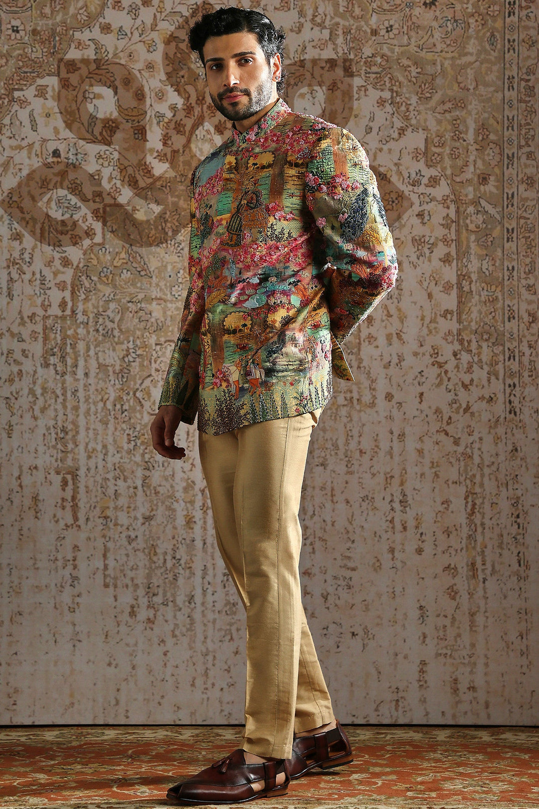 Beige Ornamental Tapestry Bandhgala Set