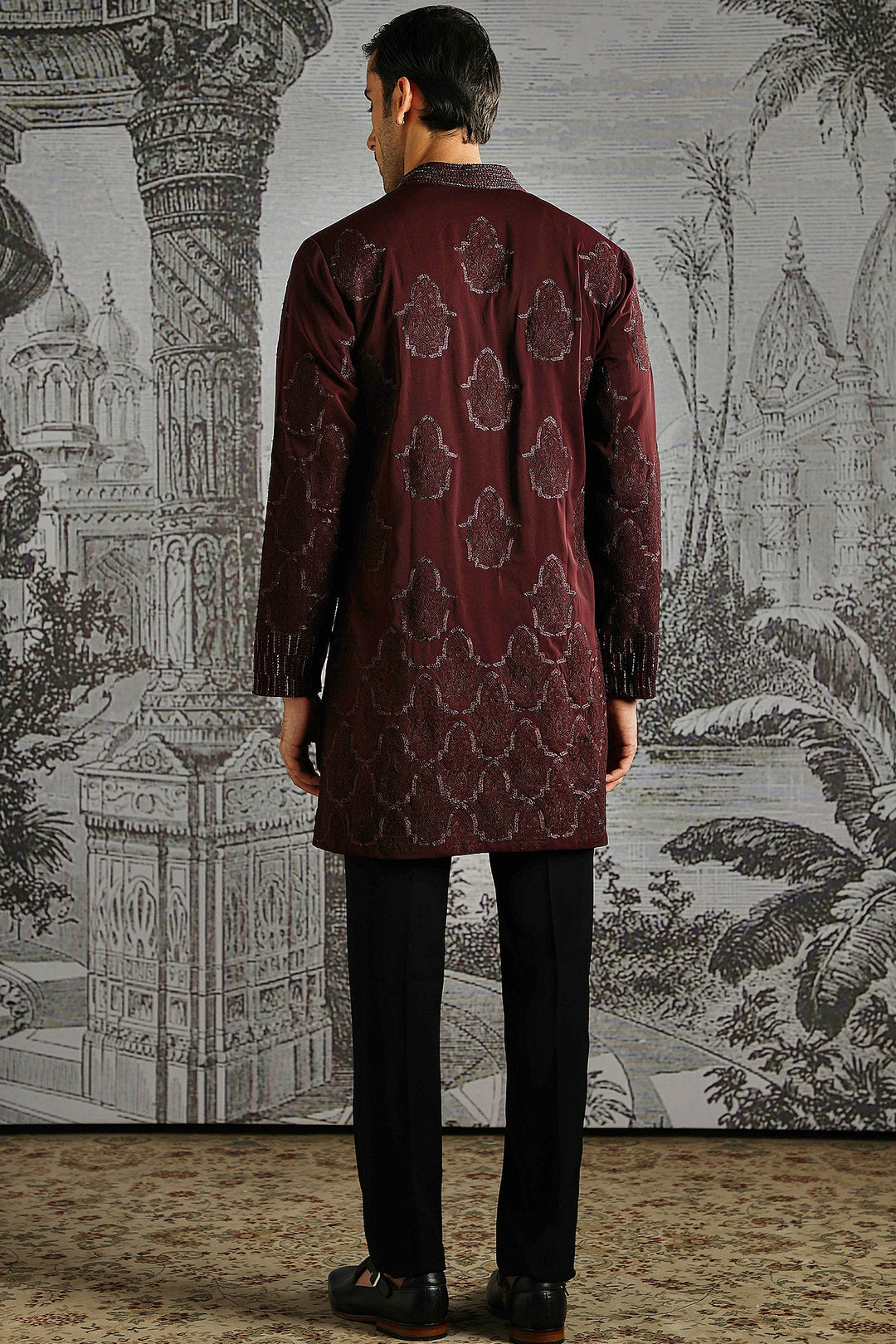 Maroon Textured Royal Kurta Set