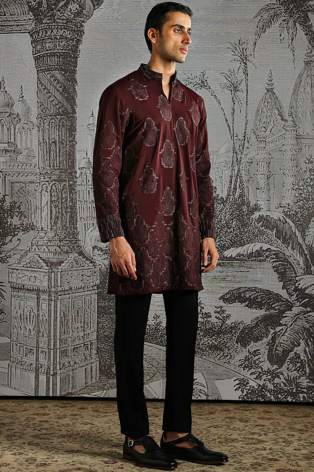 Maroon Textured Royal Kurta Set