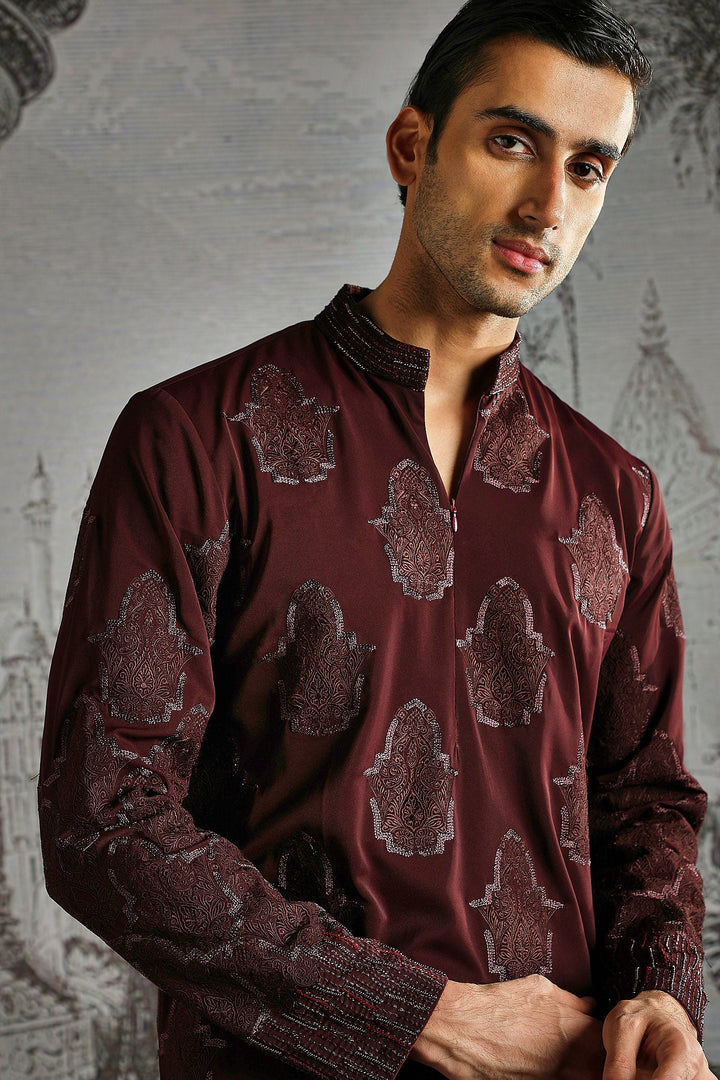 Maroon Textured Royal Kurta Set