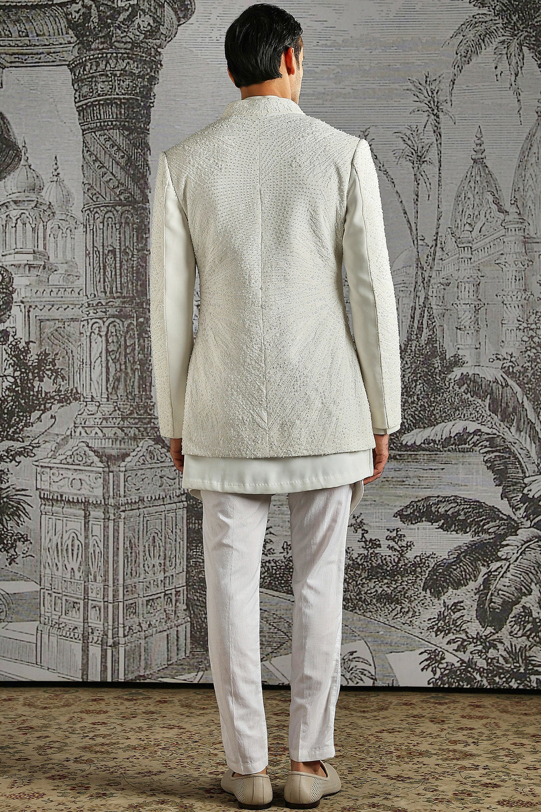 Ivory Structured Jacquard Indowestern Set