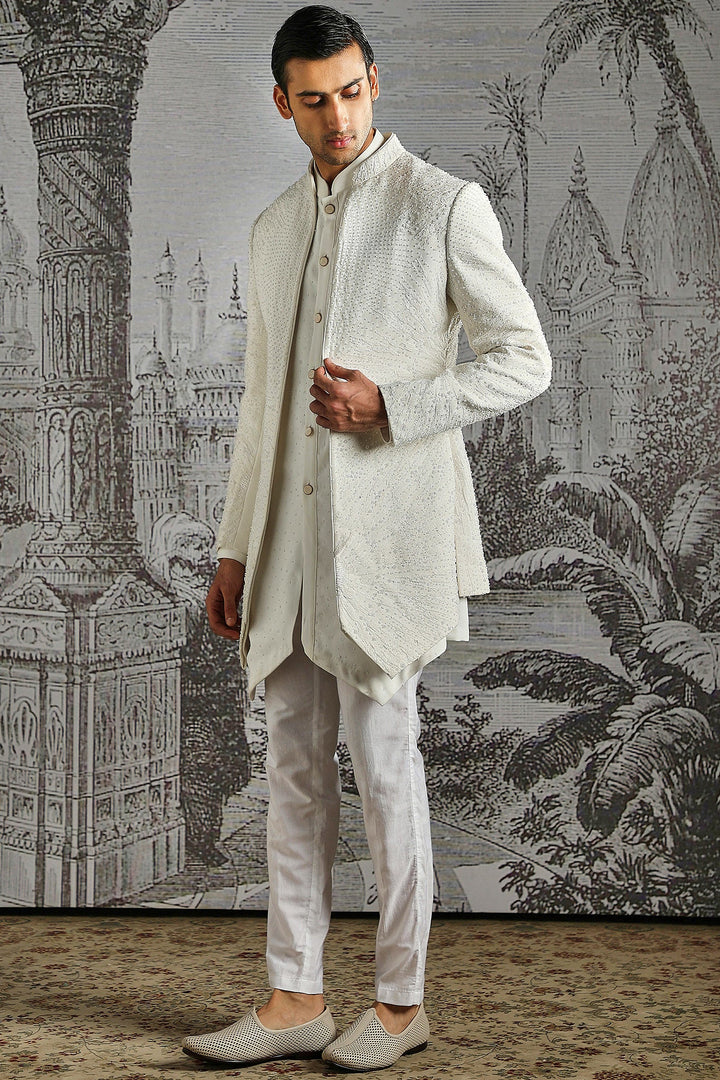 Ivory Structured Jacquard Indowestern Set