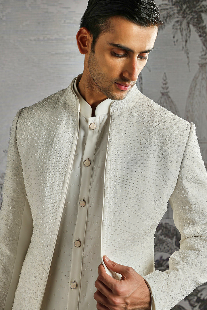 Ivory Structured Jacquard Indowestern Set