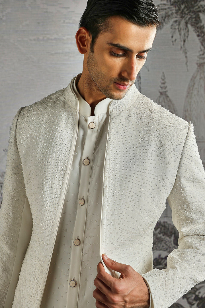 Ivory Structured Jacquard Indowestern Set