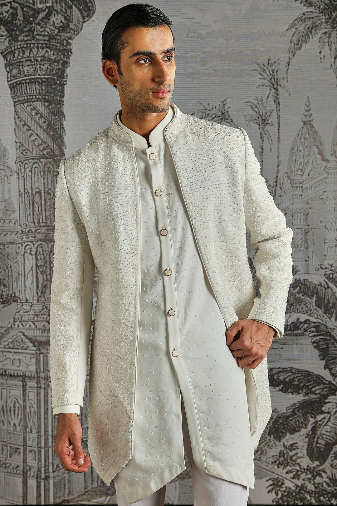 Ivory Structured Jacquard Indowestern Set