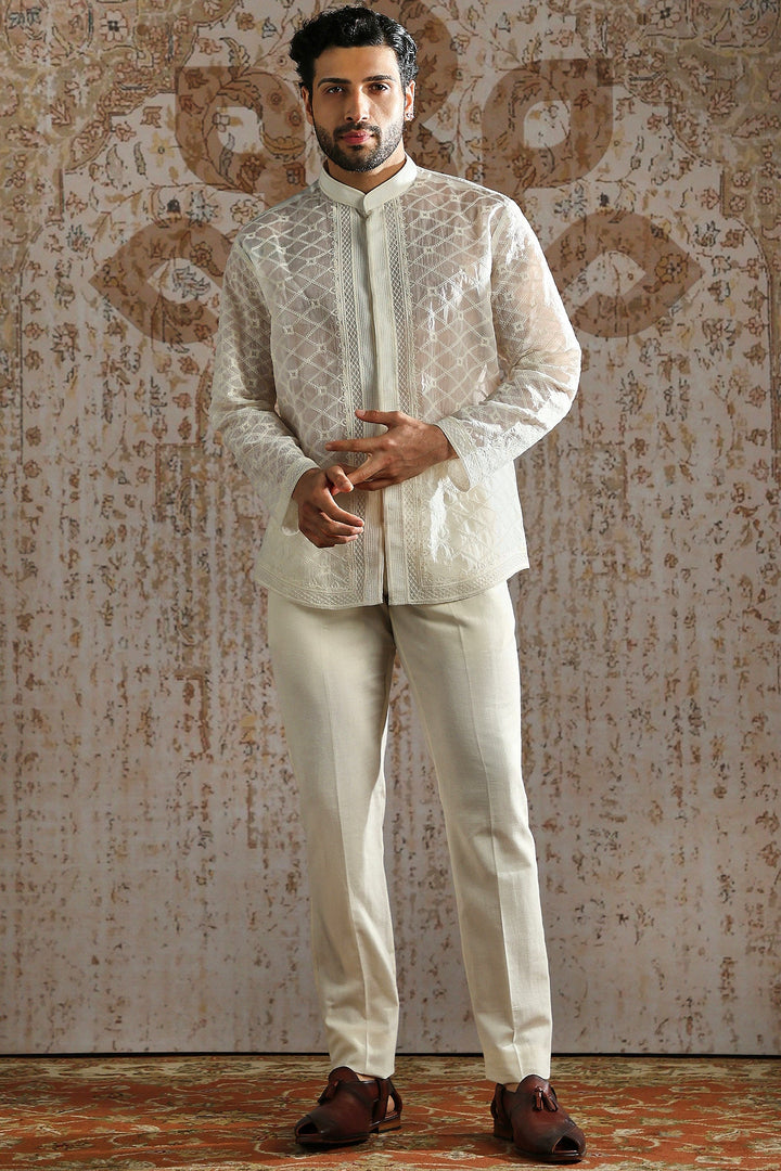 Cream Subtle Motif Bandhgala Set
